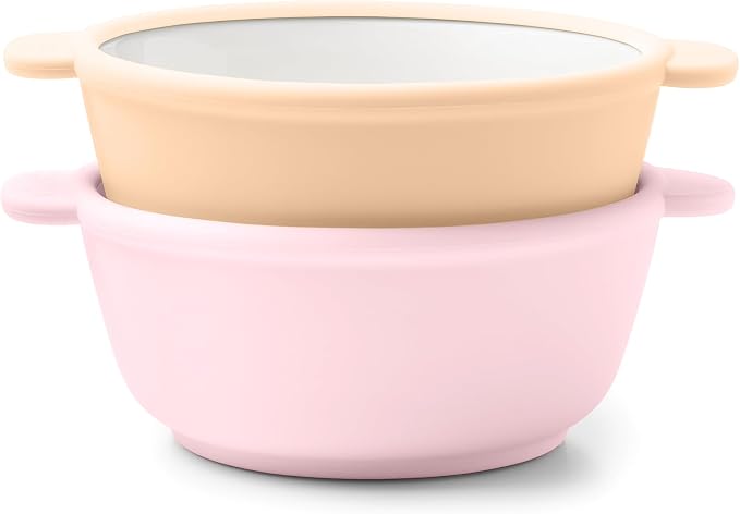 Ello Clean Start Ceramic Toddler Bowls with Sleeves, 2 Pack, Cashmere Pink/Dune