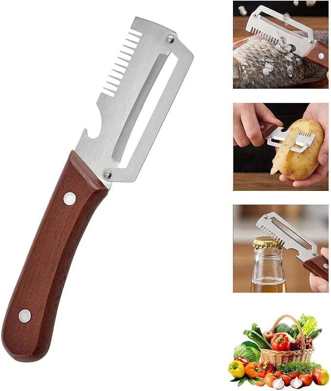 Multifunctional Vegetable Peeler - Vegetable Peeler with Bottle Opener, Stainless Steel Peeler with Wooden Handle, Fruit Peeler for Kitchen, Camping, Travel