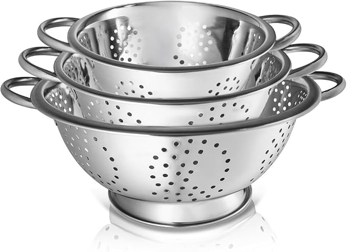 3-Pack Stainless Steel Colander Set, 5, 3 & 1 Qt with Handles | Durable Metal Kitchen Strainers Set with Heat Resistant Handles for Pasta and More, Rustproof and Dishwasher Safe