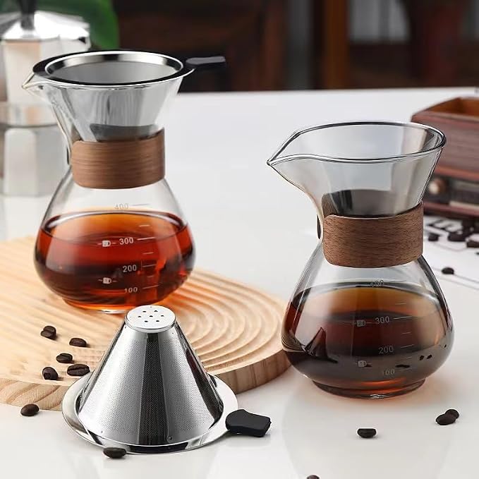BeeCa Pour Over Coffee Maker Set, 2 Cup 400 ml/13.5 oz Carafe | Reusable Filter, Borosilicate Glass Carafe, Walnut Non-slip Collar, 2-cup Portable Brewer, BPA-free & Eco-friendly
