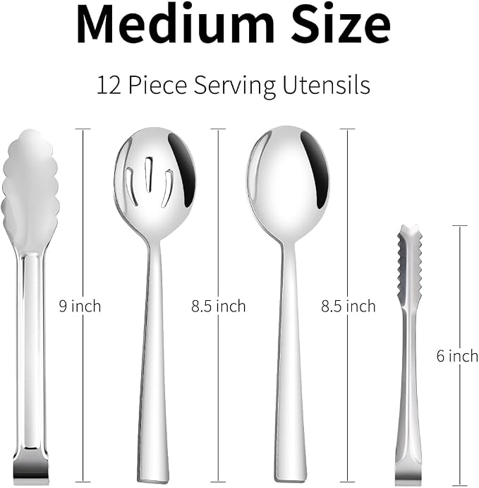 12 Piece Serving Utensils, Amafox Stainless Steel Serving Utensils Set Include Large Spoons, Slotted Spoons, Ktichen Tongs, Ice Tongs for Party Buffet Catering Banquet (Silver)
