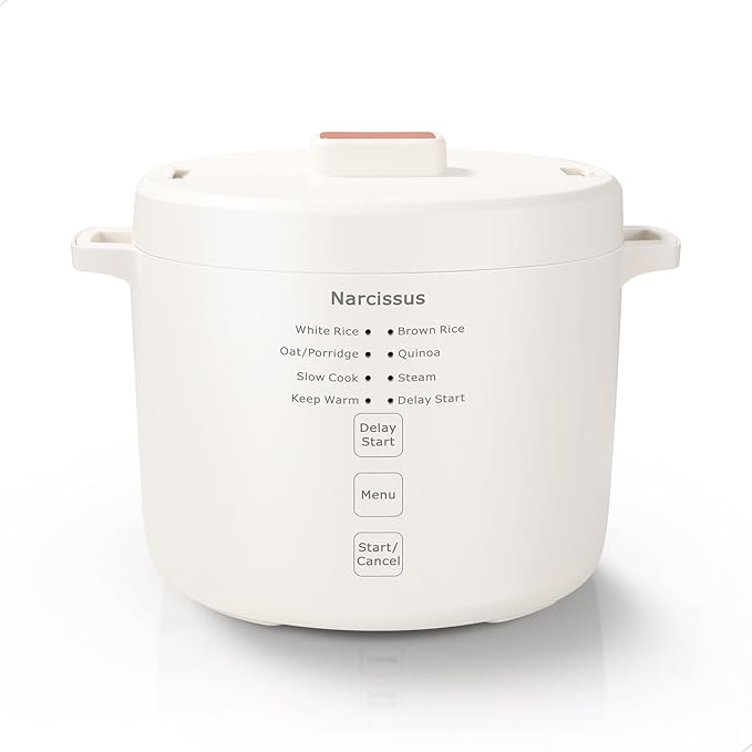 Narcissus Rice Cooker with Removable PFAS-Free Nonstick Pot, 3.5-Cup Capacity for 1-3 People, Multifunctional for Rice, Oatmeal, Quinoa, Slow Cook, Steam, Can Steam & Cook Simultaneously, Rice White