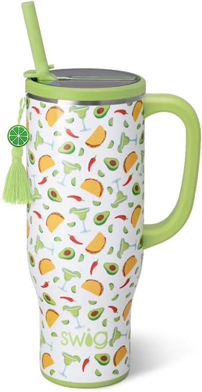 Swig Life 30oz Insulated Mega Mug with Handle & Straw, Taco Night | Triple Insulated Stainless Steel - Handle & Straw Included - Extra Large Capacity - Cup Holder Friendly