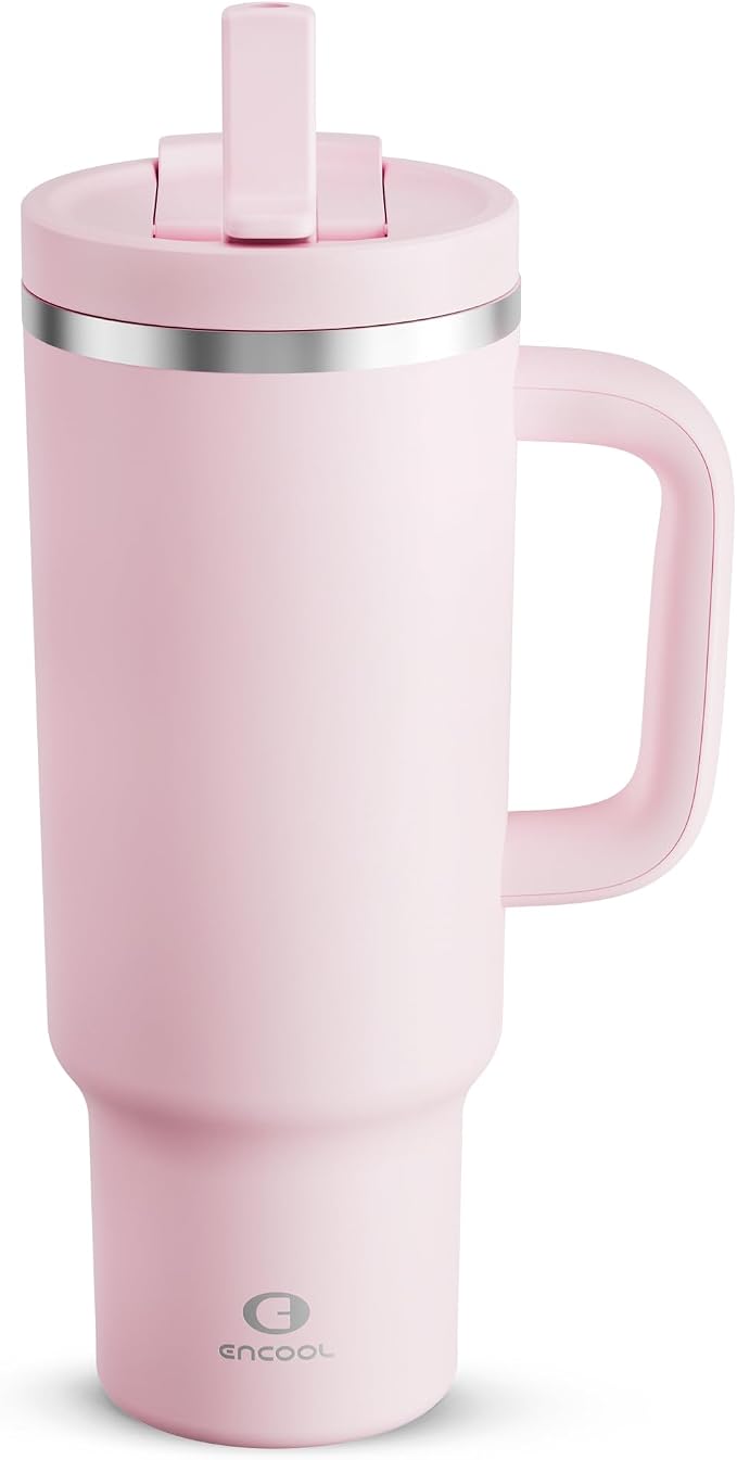 ENCOOL 40 oz Tumbler with Handle and Straw: Stainless Steel Insulated Tumbler Keeps Cold for 24 Hours, Leakproof Travel Cup Fits in Cup Holder and BPA-Free, Cotton Candy