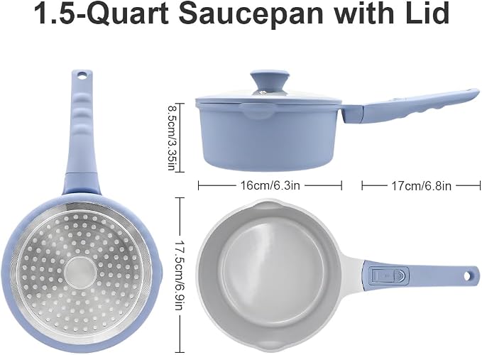 AIKENBBKK Small Sauce Pan with Lid, 1.5 Qt Ceramic Saucepan with Lid, Non Stick Sauce Pan, Milk Pot & Sauce Pot & Saucepan with Pour Spout, Detachable Handle Milk Pan, Induction Compatible, Oven Safe