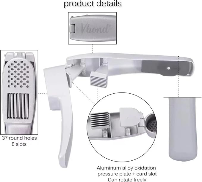 Garlic Press and Slicer 2 in 1 with Built-In Cleaner and Silicone Peeler, Convenient Kitchen Tool for Effortless Mincing and Slicing w/Bonus Garlic Peeler, Durable and Dishwasher Safe Aluminum Alloy