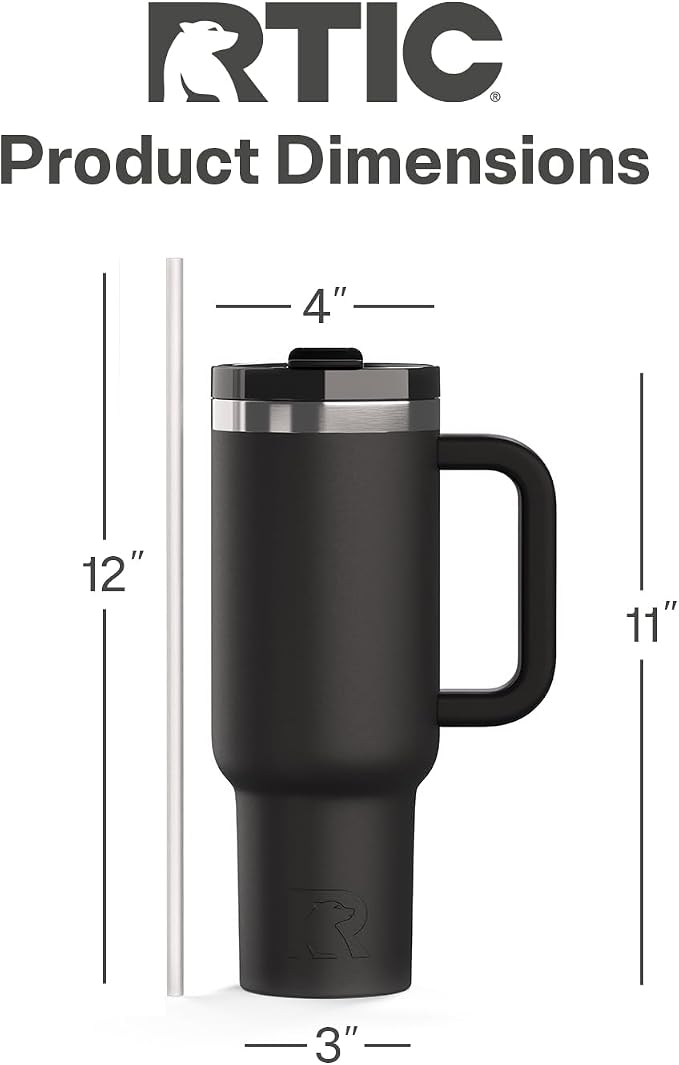 RTIC 40oz Road Trip Tumbler, Insulated, Ceramic Lined, Black | with Lid, Handle and Straw, Stainless Steel Metal Cup, Portable for Hot and Cold Drinks, Coffee, Car, Camping, Travel