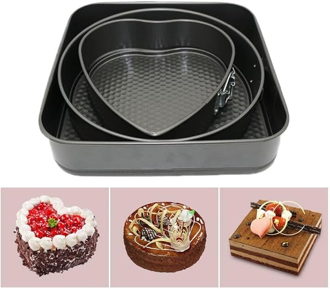 Kitchen Tool Cake Baking Supplies Non-stick Removable Bottom Springform Cake Pan TinBaking Heart shaped cake pans Leak proof and high temperature resistant Square roud Heart cake Pans Set of 3