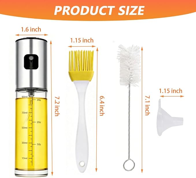2 Pack Olive Oil Sprayer for Cooking (100ml x 2), Glass Olive Oil Spray Bottle with Scale, Stainless Steel Top Oil Mister for Air Fryer, Salad, BBQ, Frying, Baking -Kitchen Oil Sprayer