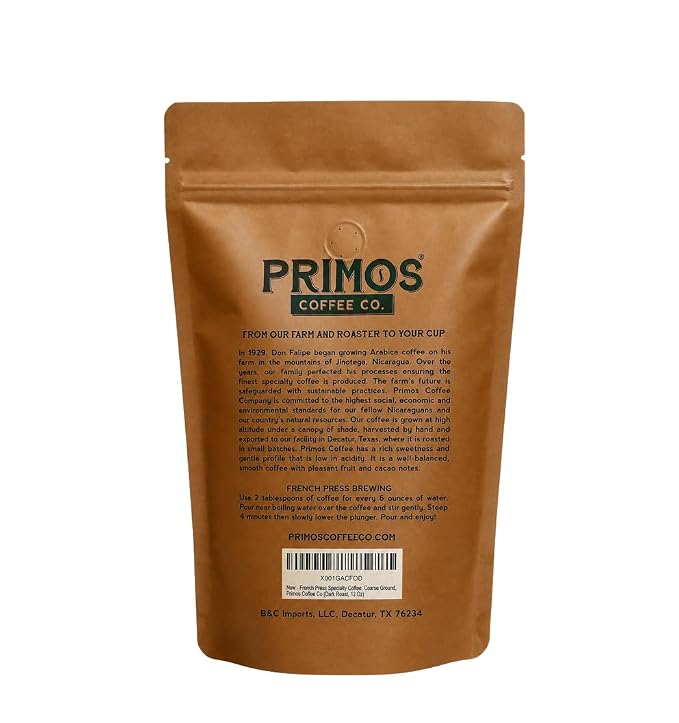 Primos French Press Coffee - Dark Roast Arabica - Coarse Grind - 2 Bags | Coarsely ground for balanced extraction; bold, low acid, fruit & cacao notes; from our Nicaraguan farm & Texas roastery