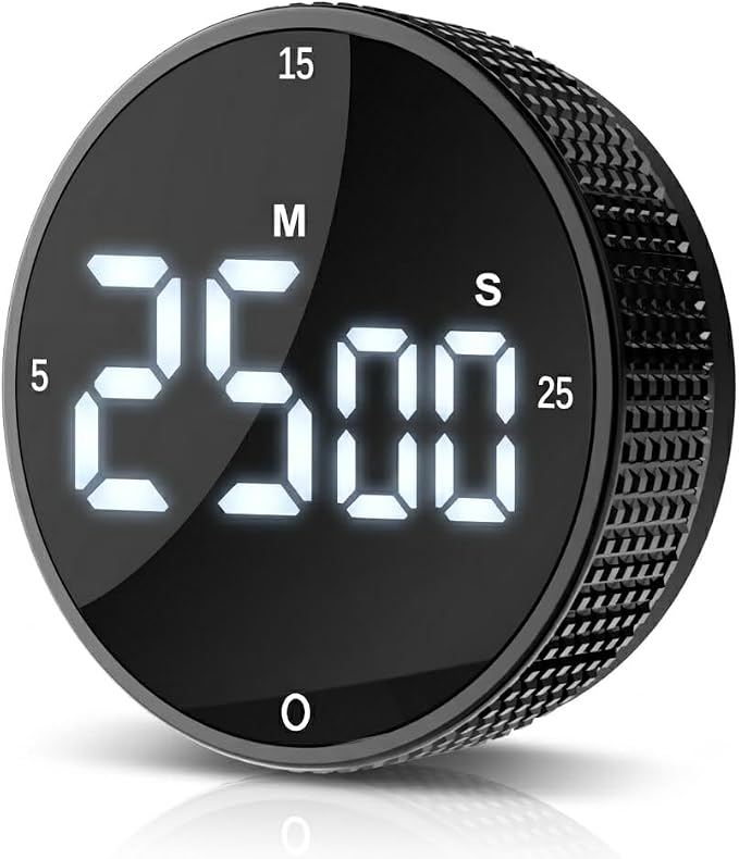 Digital Kitchen Timer - Magnetic Countdown Count Up Clock with Large LED Display, 5/15/25 Min Presets, 3 Volume Levels, Rotary Dial for Cooking, Productivity, Classroom, Fitness (1, Black)