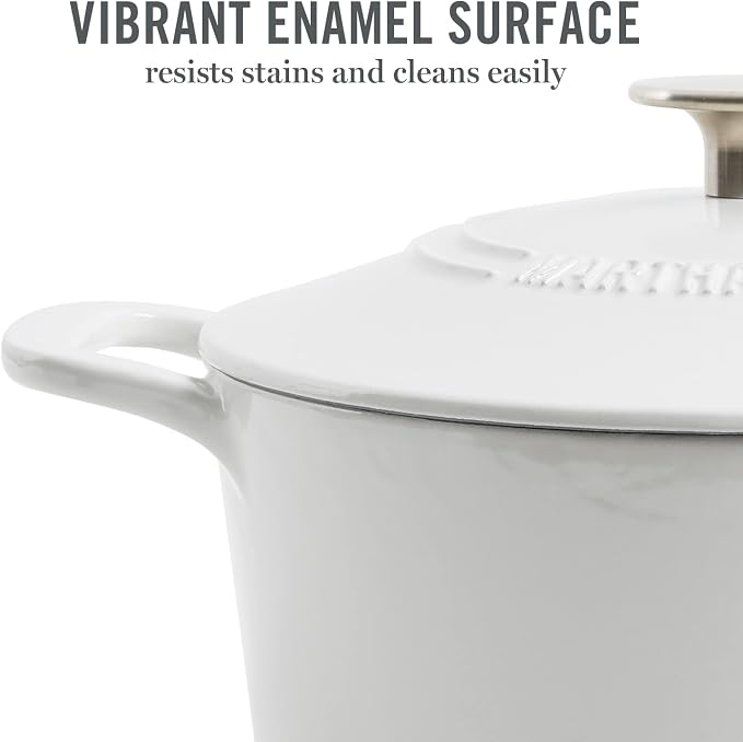 MARTHA STEWART Gatwick 7-Quart Enamel Cast Iron Dutch Oven – Linen Color with Silver Knob – Durable Heavy-Duty Dutch Oven for Slow Cooking and Braising