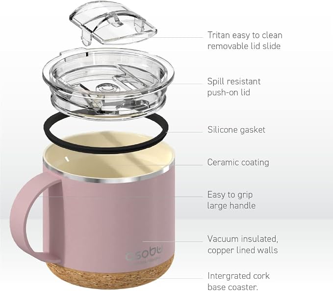 asobu Infinite Stainless Steel Insulated Coffee Mug with Inner Ceramic Coating and Cork Coaster 16 Ounce (Powdered Pink)