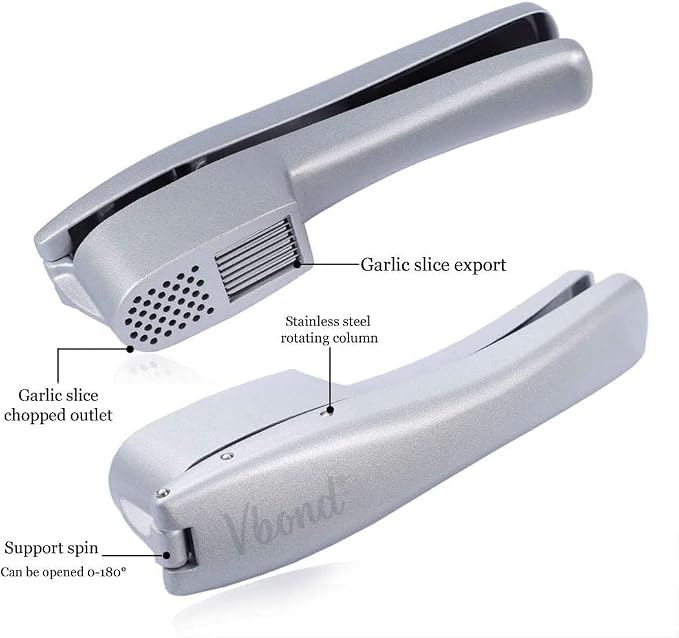 Garlic Press and Slicer 2 in 1 with Built-In Cleaner and Silicone Peeler, Convenient Kitchen Tool for Effortless Mincing and Slicing w/Bonus Garlic Peeler, Durable and Dishwasher Safe Aluminum Alloy