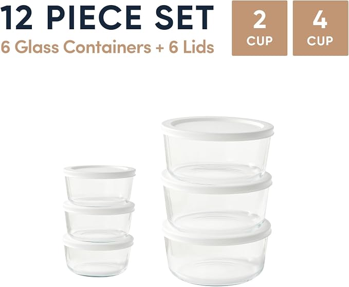 12-Piece Glass Food Storage Containers Set (6 Containers + 6 BPA-Free Lids) | 2-Cup & 4-Cup, Leakproof | Microwave, Freezer, Oven & Dishwasher Safe | Ideal for Meal Prep & Pantry Organization, White