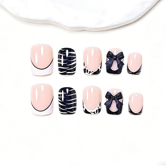 24Pcs Black White French Tip Press on Nails Short Square Fake Nails Press ons Nail Art Tips with 3D Bow Cow Print Stripes Design Acrylic Glue on Nails Full Cover Nude False Nails for Women Manicure