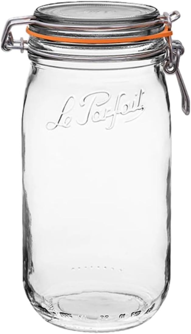 Le Parfait Super Jar 1.5L (48oz) Glass Canning Jar, Wire Bail Lid, 1 Pack | Airtight rubber seal for canning, preserving pickles, sauces and whole fruit, fermentation and pantry storage; Made in France