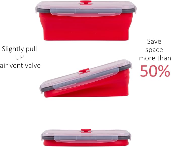 Collapsible Food Storage Containers with Airtight Lid & Air Vent, 40.5 oz, Kitchen Stacking Silicone Collapsible Meal Prep Container Set for Leftover, Microwave Freezer Dishwasher Safe, Red, Set of 4
