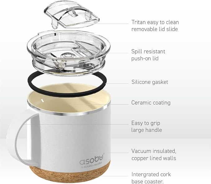asobu Infinite Stainless Steel Insulated Coffee Mug with Inner Ceramic Coating and Cork Coaster 16 Ounce (White)