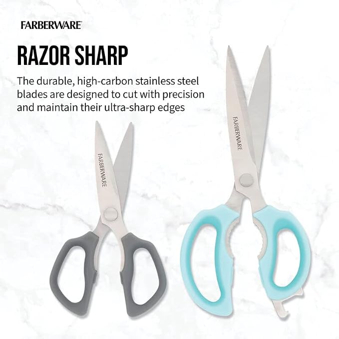 Farberware Comfort Grip Kitchen Scissors, 2 Pack, Aqua and Gray