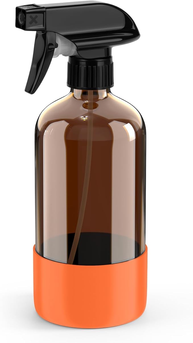 Bontip Amber Glass Spray Bottle, 16 oz with Orange Silicone Sleeve, 1 Pack | Refillable amber glass bottle, With protective silicone sleeve, BPA-free, UV shielding, Great for cleaning solutions,plants