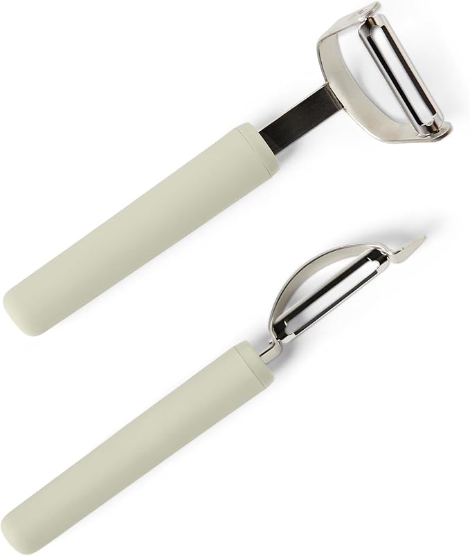 Amazon Basics Vegetable Peelers with Ultra-Sharp Stainless Steel Swivel Blades, Non-Slip Soft-Touch Handle, Protective Covers, 2-Piece Set, Dishwasher-Safe, Linen Gray