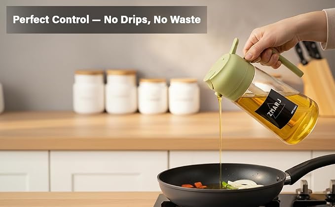 Oil Sprayer for Cooking and Pourer Olive Oil Dispenser For kitchen-Spray Bottle with Fine Mist Oil Sprayer & Controlled Pour Spout For Frying,Salads,BBQ 16oz/470ml Glass Bottle(Green)