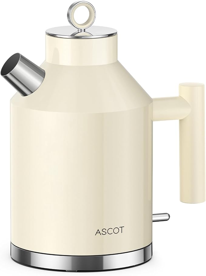 ASCOT Electric Kettle, 1.5L Stainless Steel Interior, Plastic-Free, 1500W Fast Boil, Retro Design, Auto Shut-Off & Boil-Dry Protection, Cream