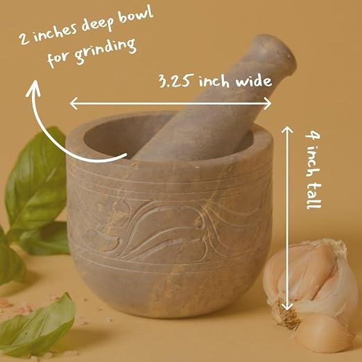 Stone Mortar and Pestle for Grinding Herbs and Spices, Made from Gray Soapstone, Small Size, 3 Inch Wide