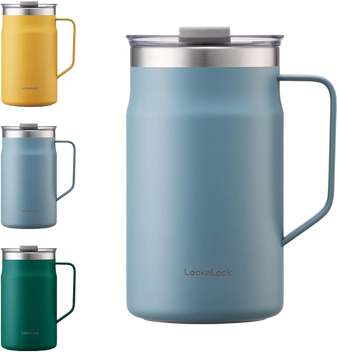LocknLock Metro Mug, Premium 18/8 Stainless Steel Metal, Double Wall Insulated, Portable Coffee Cup with Lid and Handle for Hot and Cold Drinks, Blue, 20 oz