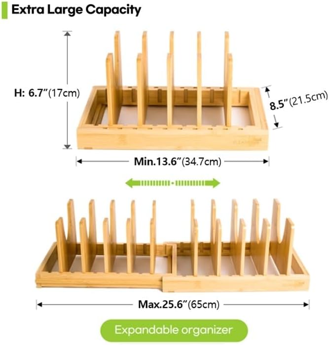 Pots and Pans Organizer under Cabinet Expandable Bamboo Pot Lid Holder Rack | Adjustable bakeware organizer, cutting board organizer, cookie sheet, baking pan, tray organizer for kitchen cabinet storage