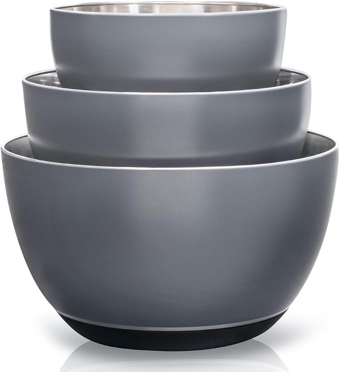 Stainless Steel Mixing Bowls Set, 3-Piece with Silicone Base | 1.5, 3 & 5 Qt Metal Bowls for Meal Prep, Baking, Cooking, Serving & Food Storage, Non-Slip Base, Dishwasher Safe, Grey