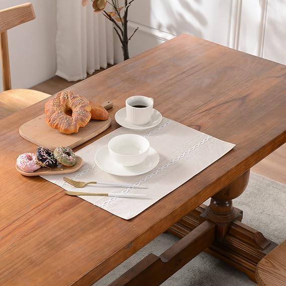 Wracra Cotton Linen Place Mats, Ivory Embroidered Placemats Set of 6 | Placemats 12 x 18 Inch; Cotton Linen Woven Fabric; Heat Resistant Table Mats; Raised Embroidered Hollow Design