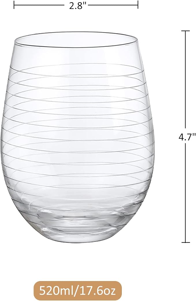 Joeyan Hand Blown Etched Stemless Wine Glasses with Dots Strips Pattern for Red Wine,Large Carved Drinking Glass Cups Tumblers for Wedding Anniversary Party Home,Set of 4,17.5 oz