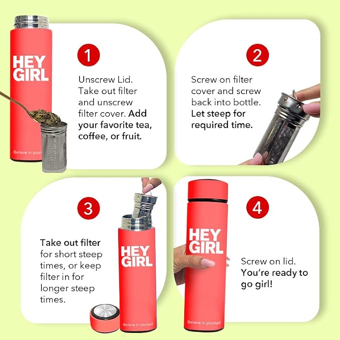 Hey Girl Tea Infuser Bottle 450ml - Insulated Stainless Steel Water Bottle - Tea Tumbler with Tea Diffuser - Portable Travel Mug for Loose Leaf Tea & Infused Water - Tea Lovers Gifts for Women