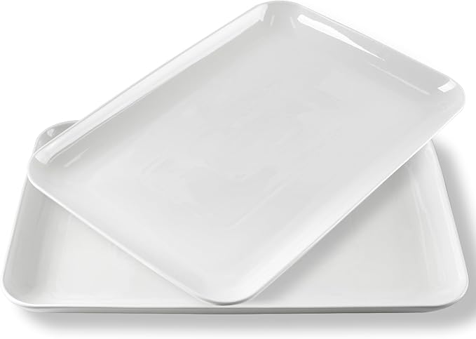 DELLING 18 Inch Large Serving Platter Set of 2, White Porcelain Serving Trays 18" x 12.3", Rectangular Platters for Turkey Fruit Appetizer Party, Oven Microwave Dishwasher Safe, Wedding Entertaining