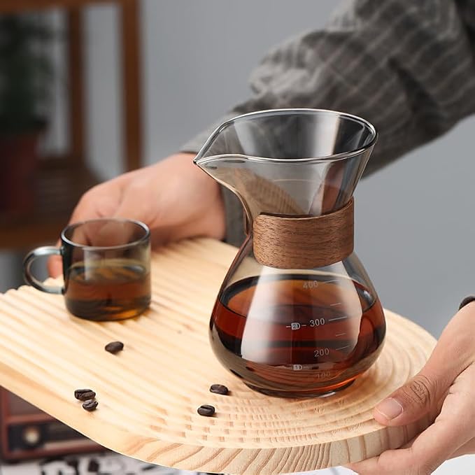 BeeCa Pour Over Coffee Maker Set, 2 Cup 400 ml/13.5 oz Carafe | Reusable Filter, Borosilicate Glass Carafe, Walnut Non-slip Collar, 2-cup Portable Brewer, BPA-free & Eco-friendly