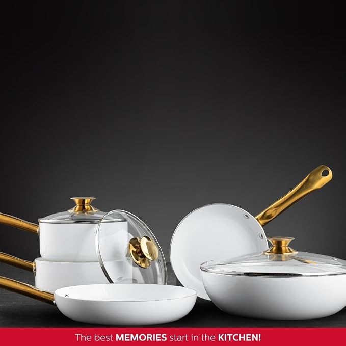 Holstein Housewares 3.5QT Ceramic Non-Stick Sauce Pan with Lid, Multipurpose Sauce Pan for Simmering & Boiling, Stainless Steel Golden Handle, Induction, Gas & Electric Compatible, White and Gold