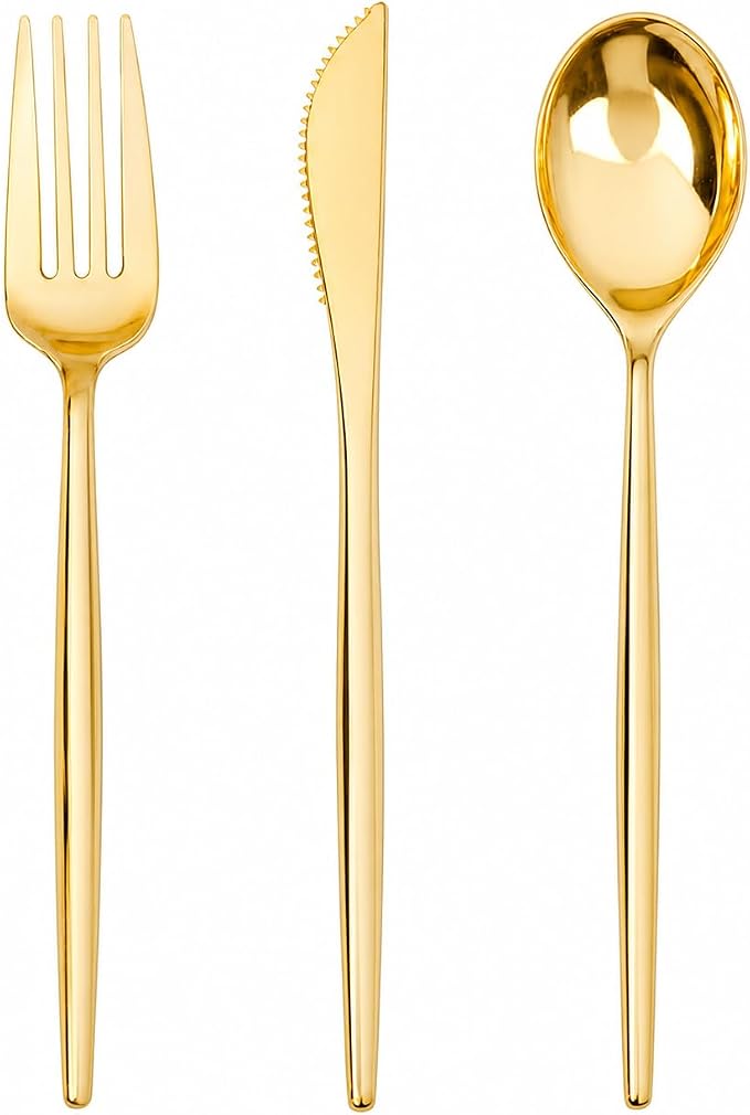 SUT 150PCS Gold Plastic Silverware Set, Heavy Duty Disposable Cutlery for Party,Includes 50 Forks, 50 Spoons and 50 Knives, Elegant Plastic Flatware for Wedding, Birthday and Catering