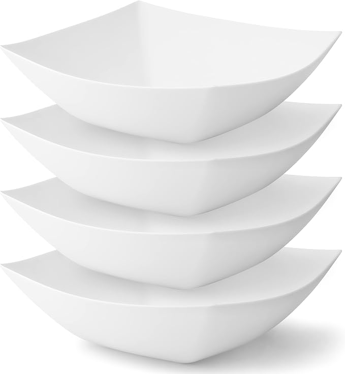 34 Pack Disposable White Plastic Party Bowls, Glitter Gold Serving Bowls | Square Design. Disposable Party Tableware. Salad, Fruit & Candy Use. Candy Buffet Containers. Clear Plastic.