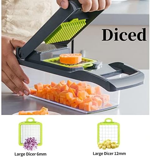 Vegetable Chopper, Onion Dicer & Mandoline Slicer with Container, black | Veggie Cutter with 8 Stainless Steel Blades & Drain Basket. Fast Food Chopper for Salad, Potato, Tomato, Cucumber & Carrot