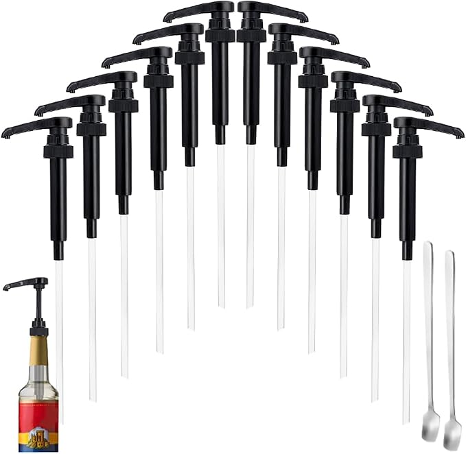 12 Pcs Black Coffee Syrup Pump Compatible with 25.4Oz/750ml Bottles | Syrup Dispenser Pumps, Great for Home & Coffee Bar, Drinking Mixes, Tea, Beverage, Cocktails, Syrup Bottles, Plus Spoons