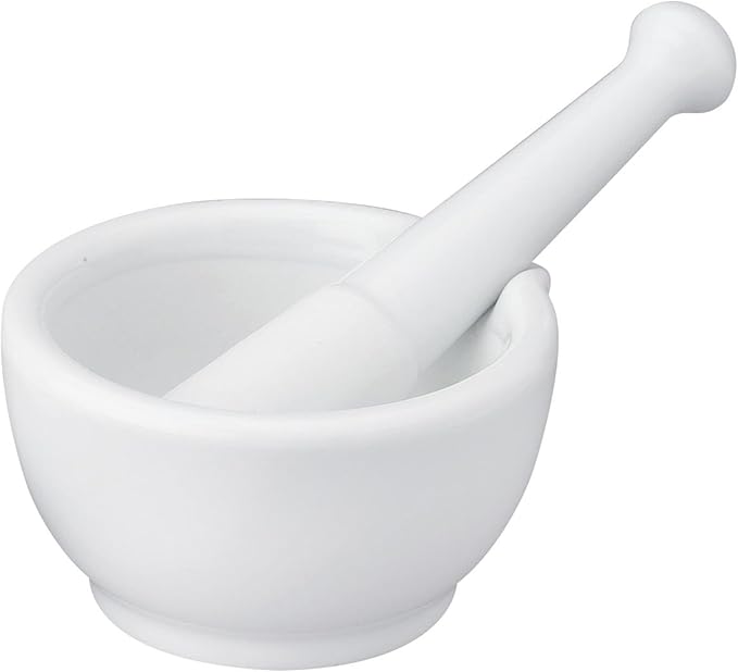 HIC Kitchen Mortar with Pour Spout and Pestle, Fine Porcelain, 4.25-Inch, Spice Herb Grinder, Pill Crusher, Nut Butter Maker