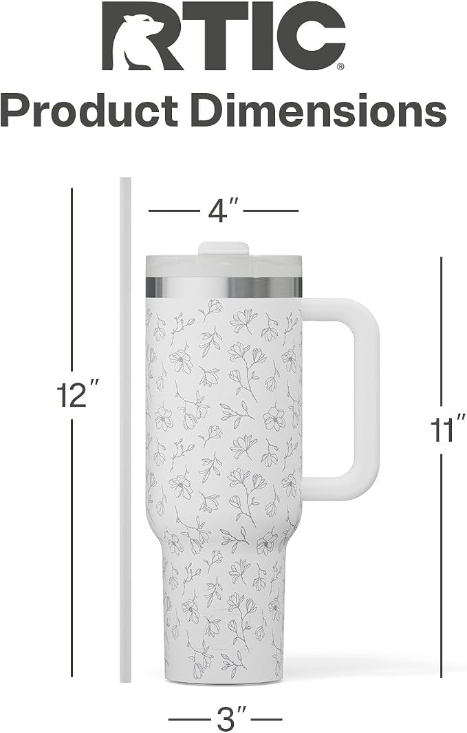 RTIC 40 oz Road Trip Tumbler Double-Walled Cermaic Lined Insulated Stainless Steel Portable Travel Coffee Mug Cup with Lid, Handle and Straw, White Magnolias