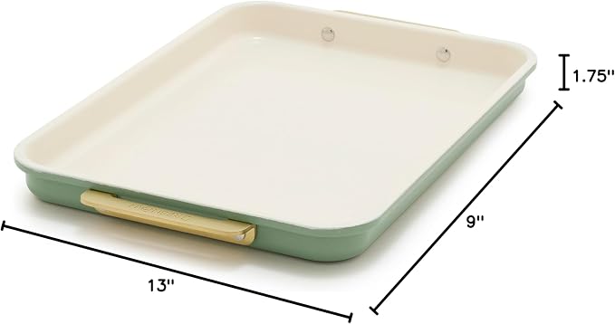 GreenPan Bakeware 13" x 9" Quarter Sheet Pan, Ceramic Nonstick Baking Pan, PFAS & BPA Free, Gold Handles, Durable Steel, Versatile & Space Saving Ovenware, Freezer to Oven Dish, Sage Green
