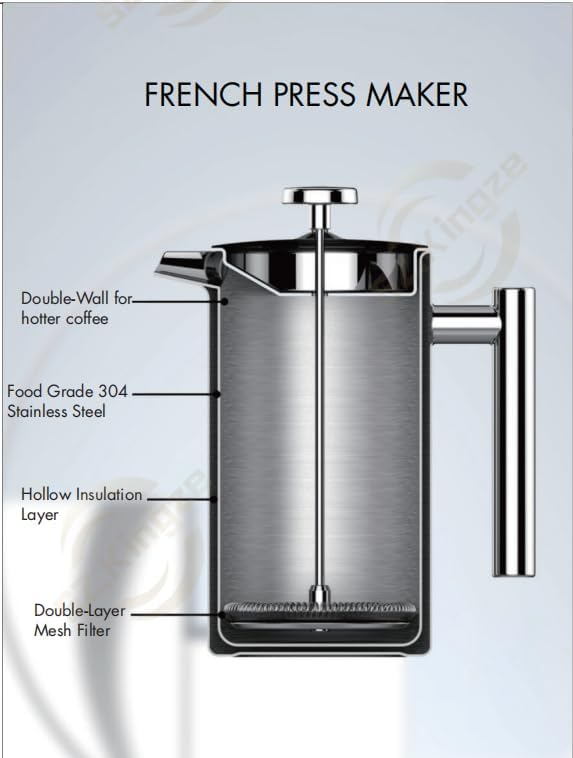 ZARIN 34oz (1L) French Press Coffee & Tea Maker – Borosilicate Glass & Stainless Steel Coffee Brewer with 2 Bonus Filters – Portable Cold Brew & Tea Press, silver color