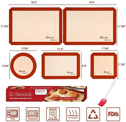 Silicone Baking Mat Set of 5, Grade Food Non-Stick Reusable Baking Mat, Slip Oven Liner Sheet, Round & Square Cake Pan Mat & Silicone Brush for Macaron, Pastry, Cookie