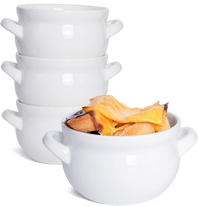 Vumdua Soup Bowls with Handles, 16 Oz Ceramic French Onion Soup Bowls - Stackable Oven Safe Bowls Serving Crocks for Soup, Cereal, Chilli, Pot Pies, Set of 4, White