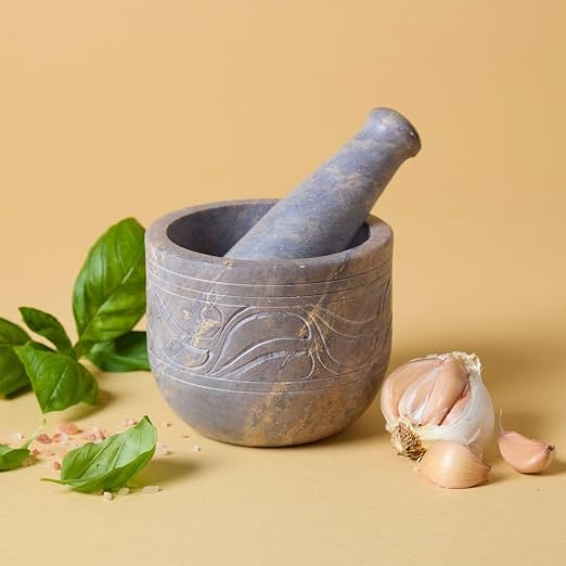 Stone Mortar and Pestle for Grinding Herbs and Spices, Made from Gray Soapstone, Small Size, 3 Inch Wide