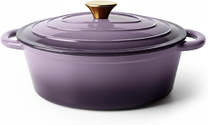 Vintage Style Oval Dutch Oven for Bread Baking, 4.5 Quart Non Stick Enameled Cast Iron Dutch Oven Pot with Lid, Oven Safe Oval Casserole with Lid up to 500°F for Baking, Braising, Stews, Roasting, Purple